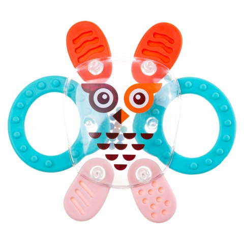 Gryzak gumowy na ząbkowanie Akuku grzechotka z wypustkami kosmo sowa 0+