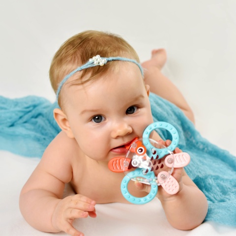 Gryzak gumowy na ząbkowanie Akuku grzechotka z wypustkami kosmo sowa 0+