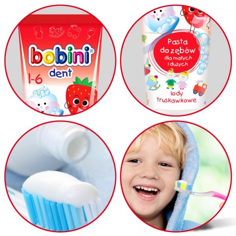 Pasta do zębów dla dzieci z fluorem lody truskawkowe Bobini 75 ml 12 m+ Pasta do zębów dla dzieci z fluorem lody truskawkowe Bobini 75 ml 12 m+