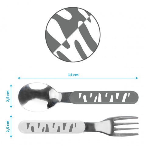 Sztućce dla dzieci Babyono ze stali szlachetnej łyżka widelec szare 6m+