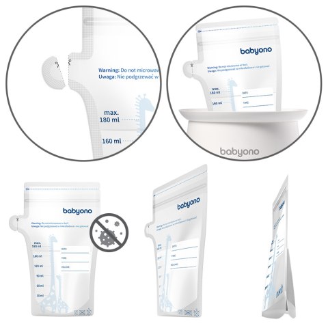 Woreczki do mrożenia pokarmu mleka z lejkie Babyono jednorazowe 30 x 180 ml Woreczki do mrożenia pokarmu mleka z lejkie Babyono jednorazowe 30 x 180 ml