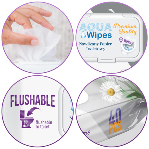 Aqua Wipes Nawilżany papier toaletowy gruby woda ekstrakt z rumianku 40szt Aqua Wipes Nawilżany papier toaletowy gruby woda ekstrakt z rumianku 40szt