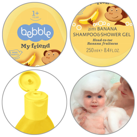 BEBBLE SZAMPON I ŻEL DO MYCIA CIAŁA KĄPIELI 2w1 dla dzieci banan 250 ml BEBBLE SZAMPON I ŻEL DO MYCIA CIAŁA KĄPIELI 2w1 dla dzieci banan 250 ml