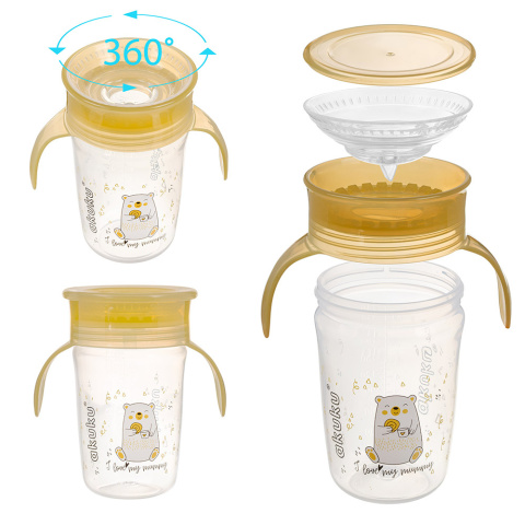 Kubek niekapek 360 Akuku z uchwytami do nauki picia szary 240 ml 6+ żółty Kubek niekapek 360 Akuku z uchwytami do nauki picia szary 240 ml 6+ żółty