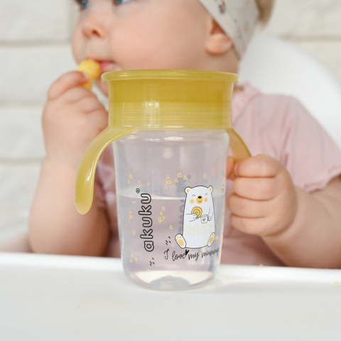Kubek niekapek 360 Akuku z uchwytami do nauki picia szary 240 ml 6+ żółty Kubek niekapek 360 Akuku z uchwytami do nauki picia szary 240 ml 6+ żółty