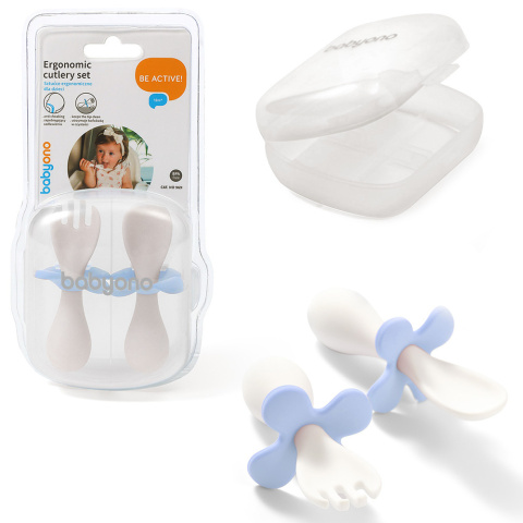 Sztućce dla dzieci ergonomiczne Babyono do nauki jedzenia w etui chabrowe