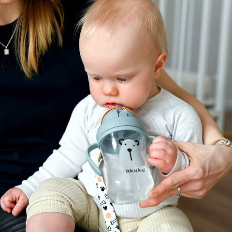 Bidon ze słomką Akuku zamykany kubek z uchwytami popielaty 300 ml 9+