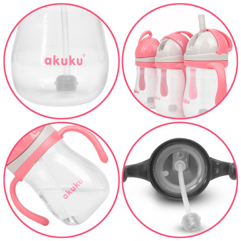 Bidon dla dzieci z obciążoną słomką i uchwytami Akuku 280 ml 9+ różowy