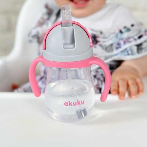 Bidon dla dzieci z obciążoną słomką i uchwytami Akuku 280 ml 9+ różowy
