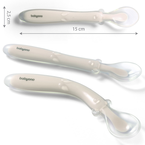 BabyOno Łyżeczka do karmienia elastyczna silikonowa do nauki beżowa 6+