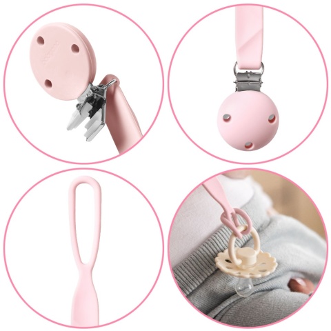 Zawieszka do smoczka BabyOno tasiemka silikonowa z klipsem i uchem różowa