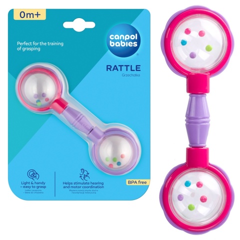Grzechotka Canpol lekka dla niemowląt sztanga różowo-fioletowa 0+
