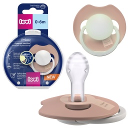 Smoczek LOVI Prime uspokajający symetryczny silikon etui 0m+ blush świeci