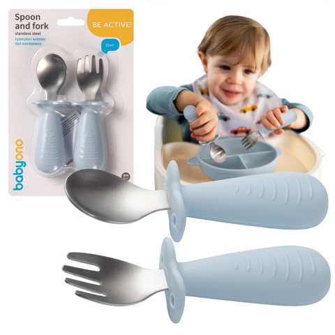 Sztućce dla dzieci ergonomiczne ze stali nierdzewnej Babyono niebieskie 12+