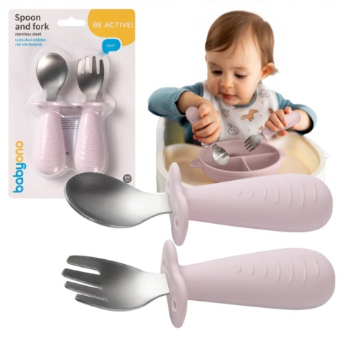 Sztućce dla dzieci ergonomiczne ze stali nierdzewnej Babyono różowe 12+