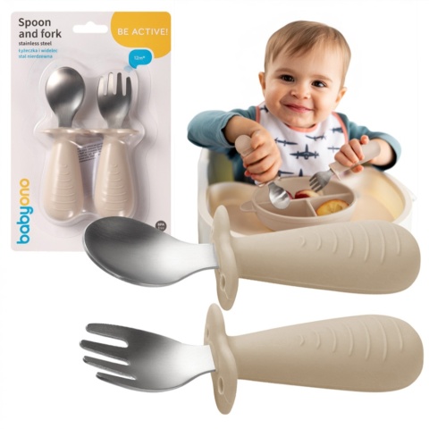 Sztućce dla dzieci ergonomiczne ze stali nierdzewnej Babyono beżowe 12+