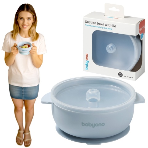 Talerzyk z przyssawką BabyOno silikonowa miseczka z przykrywką niebieska 6+