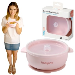 Talerzyk z przyssawką BabyOno silikonowa miseczka z przykrywką różowa 6+