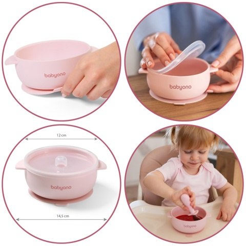 Talerzyk z przyssawką BabyOno silikonowa miseczka z przykrywką różowa 6+