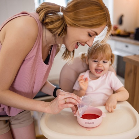 Talerzyk z przyssawką BabyOno silikonowa miseczka z przykrywką różowa 6+