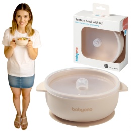 Talerzyk z przyssawką BabyOno silikonowa miseczka z przykrywką beżowa 6+