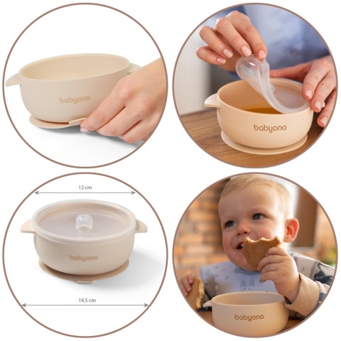 Talerzyk z przyssawką BabyOno silikonowa miseczka z przykrywką beżowa 6+