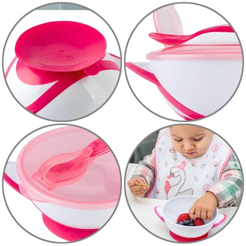 Talerzyk z przyssawką Babyono miseczka z łyżeczką do karmienia różowy
