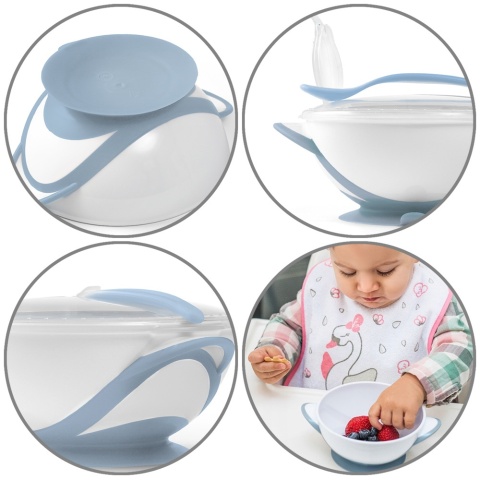 Talerzyk z przyssawką Babyono miseczka z łyżeczką do karmienia niebieski