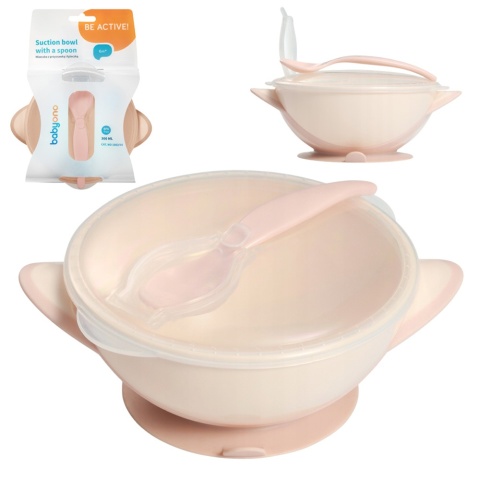 Talerzyk z przyssawką Babyono miseczka z łyżeczką do karmienia kremowy róż