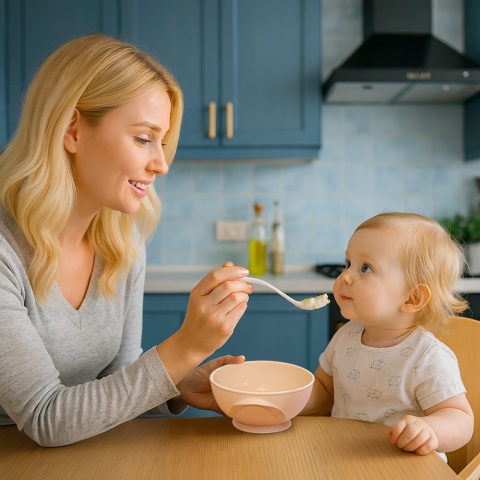 Talerzyk z przyssawką Babyono miseczka z łyżeczką do karmienia kremowy róż