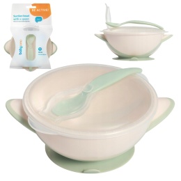 Talerzyk z przyssawką Babyono miseczka z łyżeczką do karmienia ecru zielony