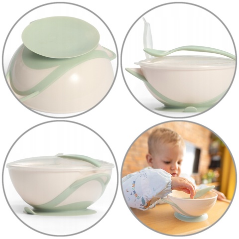 Talerzyk z przyssawką Babyono miseczka z łyżeczką do karmienia ecru zielony