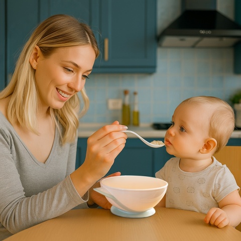 Talerzyk z przyssawką Babyono miseczka z łyżeczką do karmienia ecru zielony