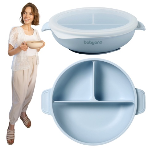 Talerzyk z przyssawką Babyono silikonowy z przykrywką do nauki niebieski 6+