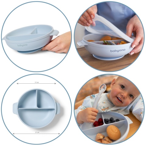 Talerzyk z przyssawką Babyono silikonowy z przykrywką do nauki niebieski 6+