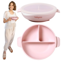 Talerzyk z przyssawką Babyono silikonowy z przykrywką do nauki różowy 6+