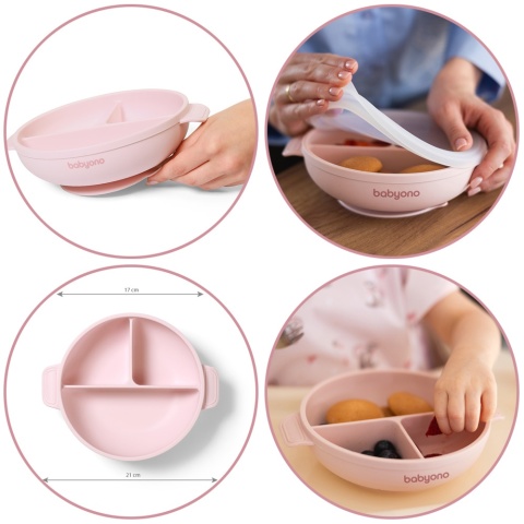 Talerzyk z przyssawką Babyono silikonowy z przykrywką do nauki różowy 6+
