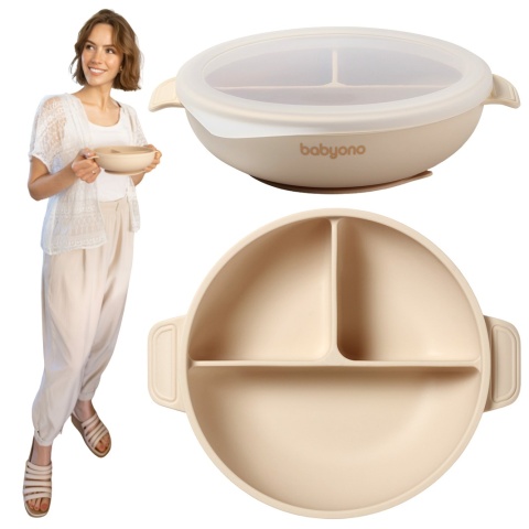 Talerzyk z przyssawką Babyono silikonowy z przykrywką do nauki beżowy 6+