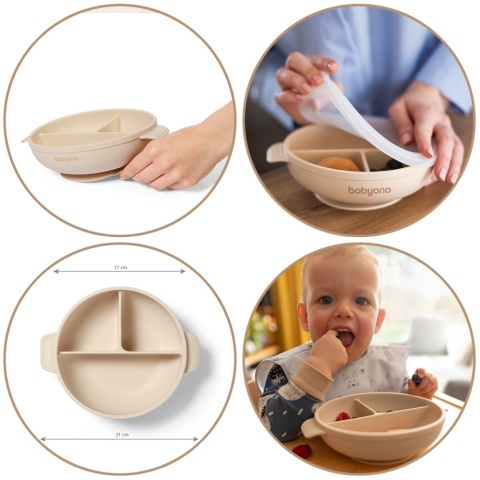 Talerzyk z przyssawką Babyono silikonowy z przykrywką do nauki beżowy 6+