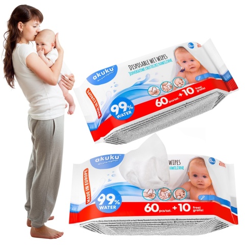 Chusteczki nawilżane wodą Akuku aloes srebro hipoalergiczne 0+ 70 szt.