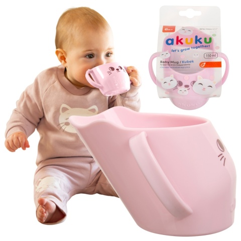 Kubek do nauki picia z uchwytami krzywy pochyły otwarty Akuku 150 ml różowy