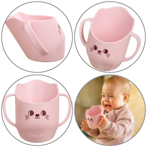 Kubek do nauki picia z uchwytami krzywy pochyły otwarty Akuku 150 ml różowy