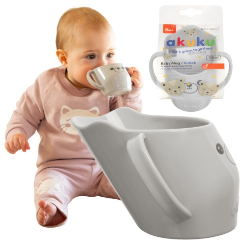 Kubek do nauki picia z uchwytami krzywy pochyły otwarty Akuku 150 ml szary