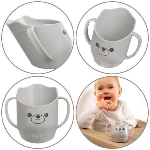 Kubek do nauki picia z uchwytami krzywy pochyły otwarty Akuku 150 ml szary
