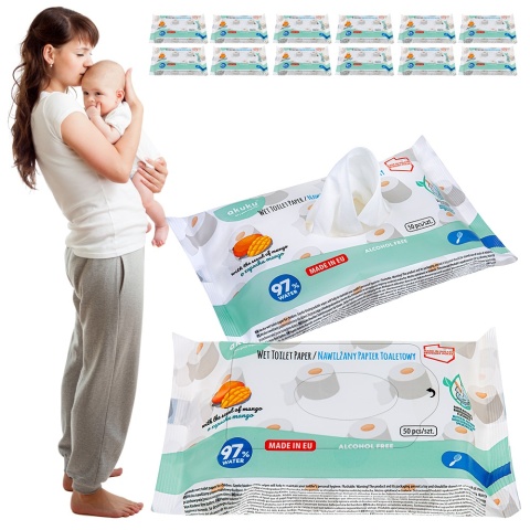 Nawilżany papier toaletowy Akuku spłukiwalny biodegradowalny 12 x 50 szt