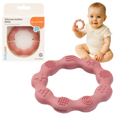 Gryzak sensoryczny BabyOno silikonowy na ząbkowanie do chłodzenia różowy