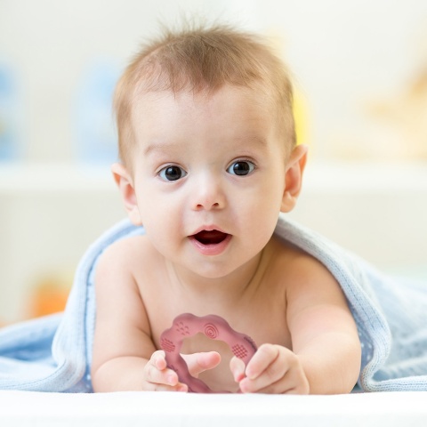 Gryzak sensoryczny BabyOno silikonowy na ząbkowanie do chłodzenia różowy