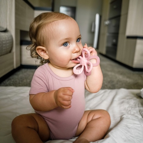 Gryzak sensoryczny silikonowy BabyOno na ząbkowanie do chłodzenia różowy