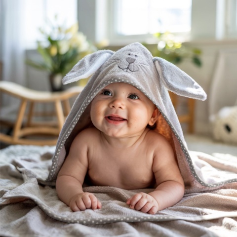 Ręcznik kąpielowy z kapturem Bocioland okrycie kąpielowe 80x80 szary zając