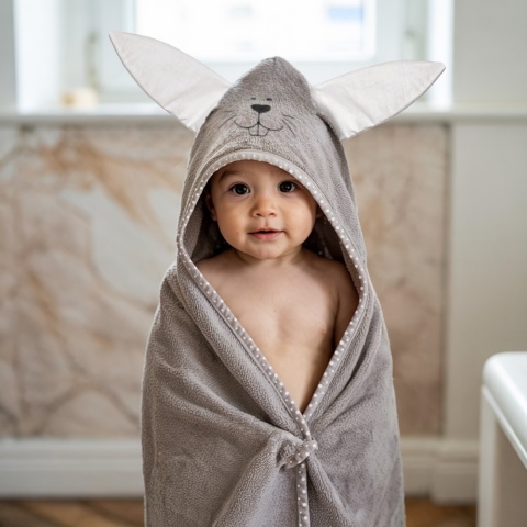 Ręcznik kąpielowy z kapturem Bocioland okrycie kąpielowe 80x80 szary zając